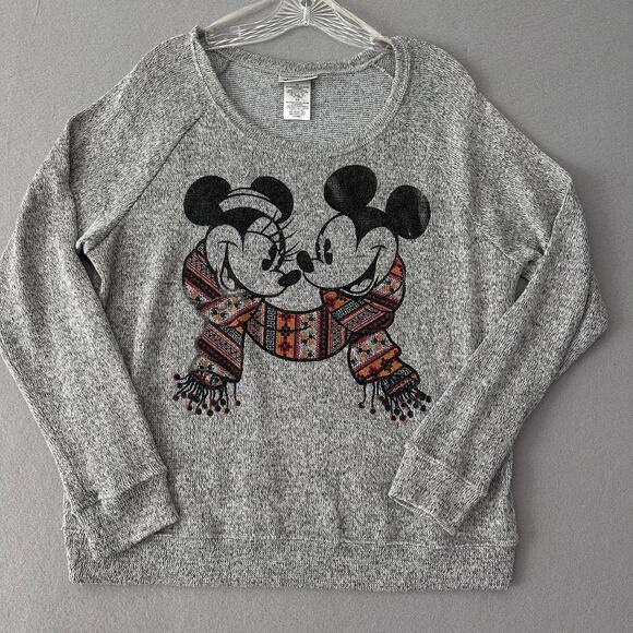 Disney Parks Sweaters - Disney Parks Mickey and Minnie Holiday Scarf Gray Sweater Womens Size XL